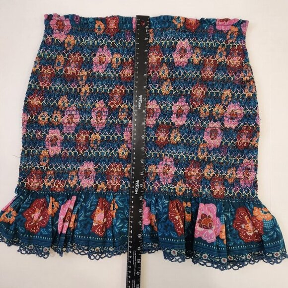 Farm Rio‎ Anthropologie Smocked Flounce Mini Skirt XL Blue Pink Floral Stretchy - Picture 6 of 10